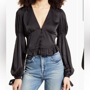 Wayf Black Satin V-Neck Ruffle Peplum Blouse